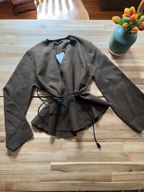 Zara Khaki Green Belted Peplum Jacket